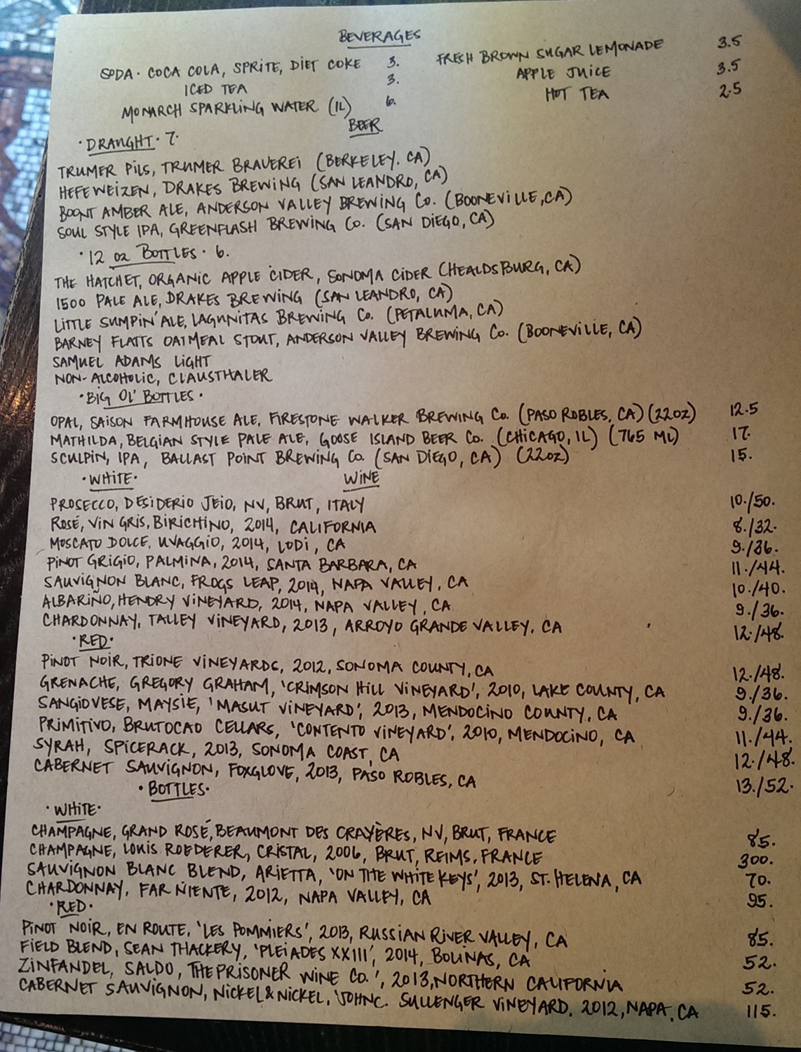 photo of menu